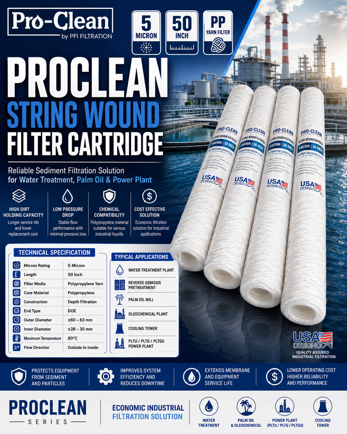 PROCLEAN String Wound Filter Cartridge 5 Micron 50 Inch