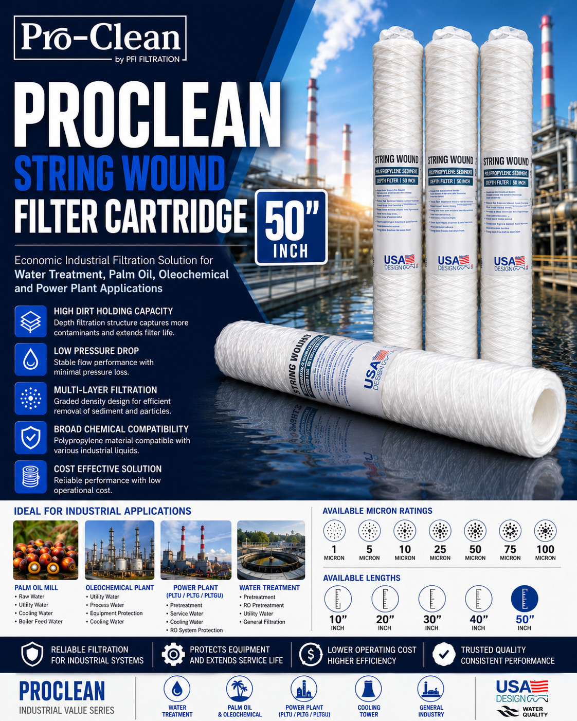 PROCLEAN String Wound Filter Cartridge Industrial 50 Inch