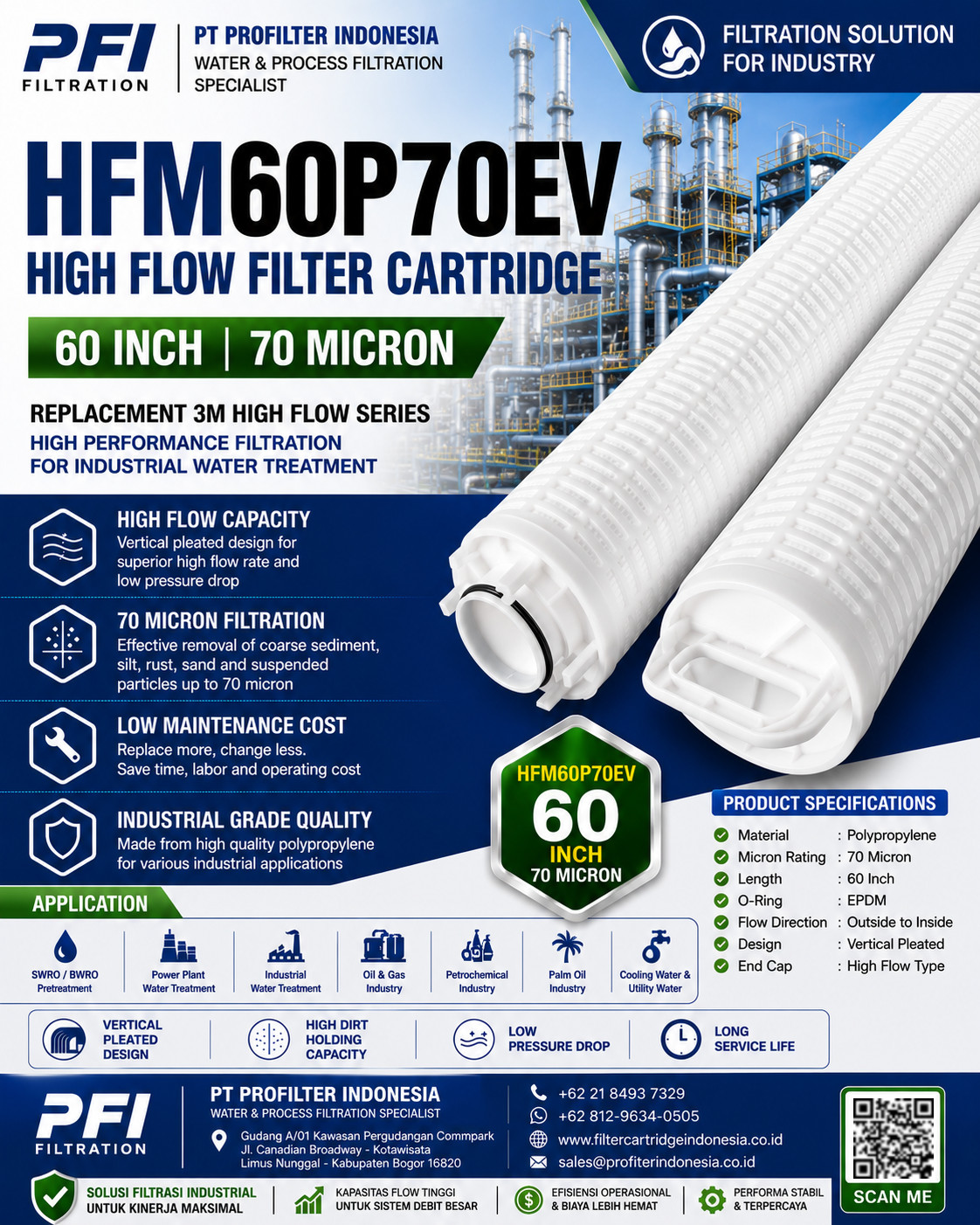 HFM60P70EV High Flow Filter Cartridge 60 inch 70 micron