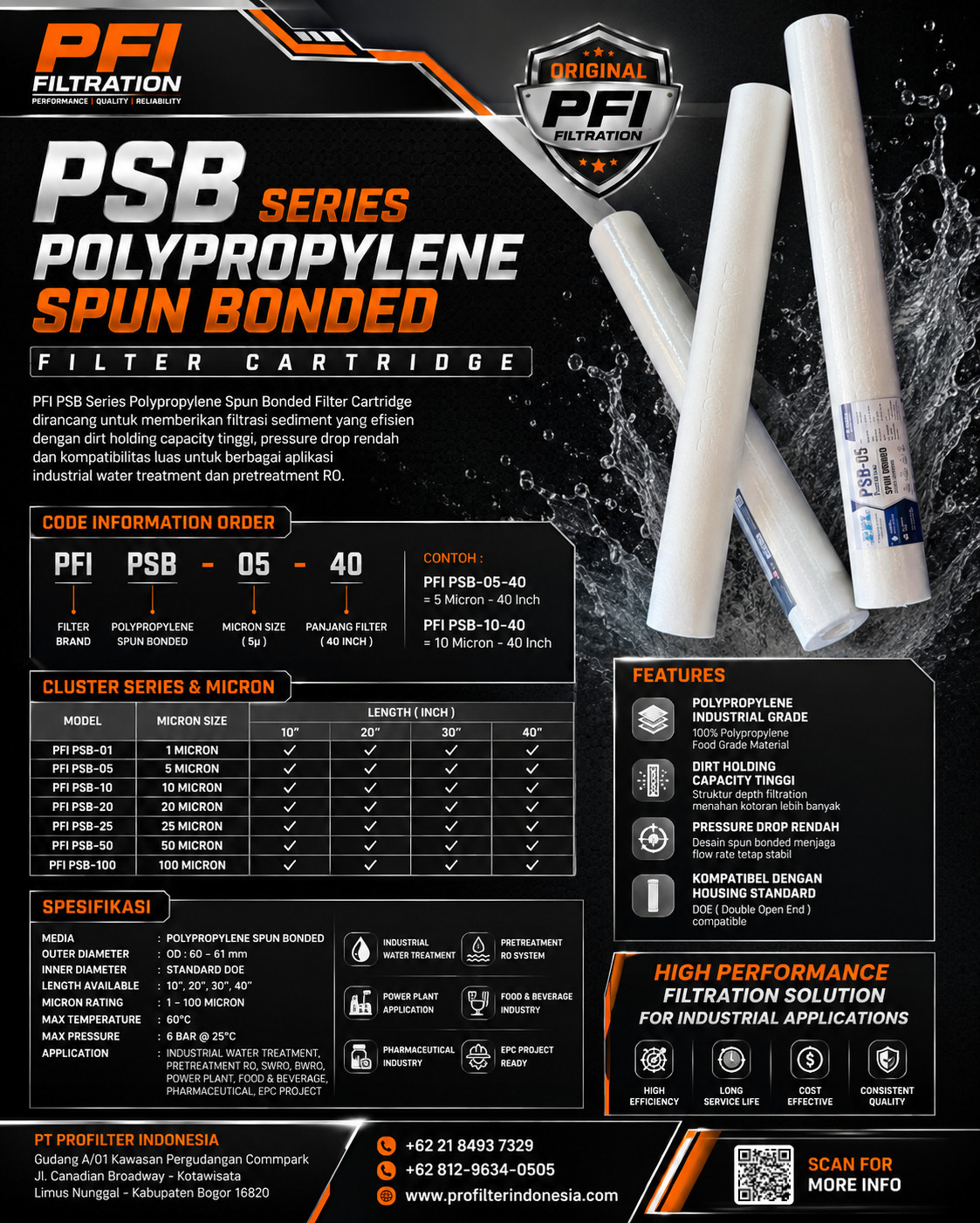PSB Series Polypropylene Spun Bonded Filter Cartridge